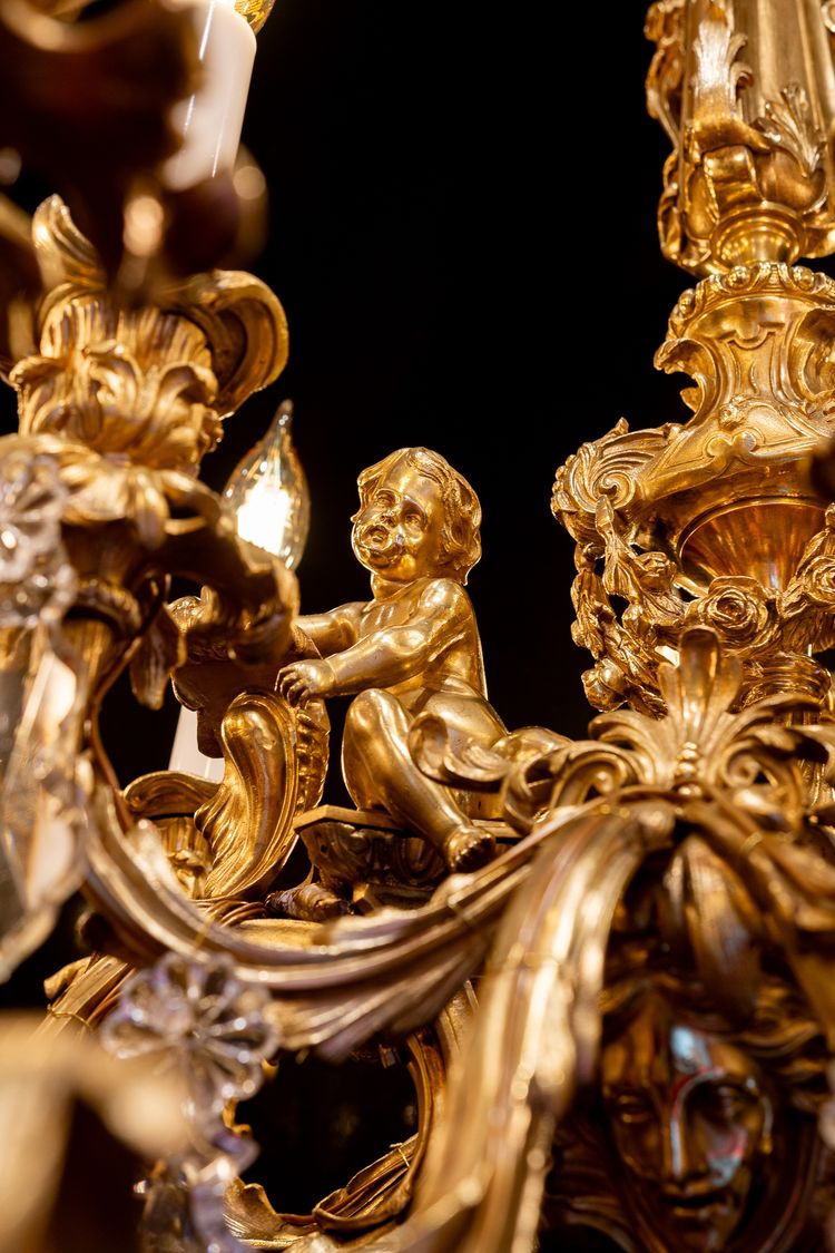 Victor Raulin (1867-1925) and Baccarat Lustre aux Amours in Chiseled and Gilded Bronze, Louis XV Sty