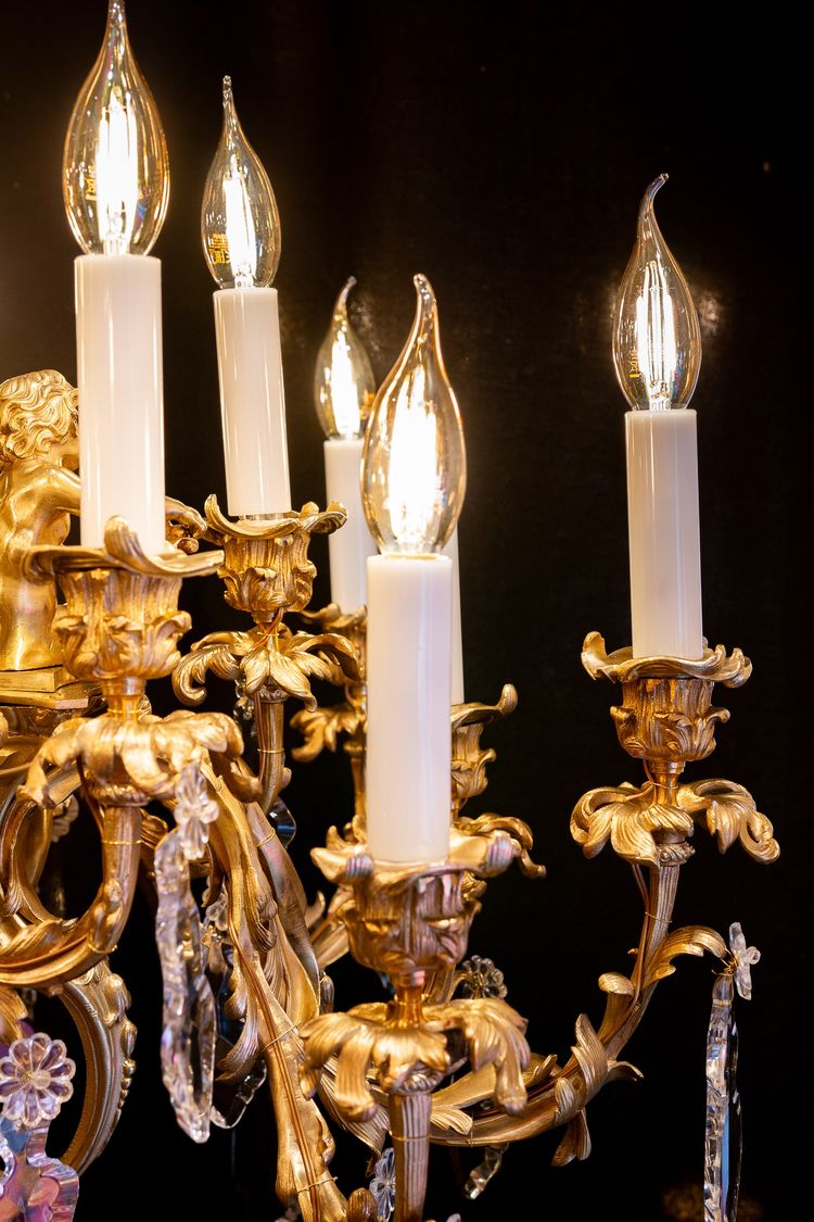 Victor Raulin (1867-1925) and Baccarat Lustre aux Amours in Chiseled and Gilded Bronze, Louis XV Sty