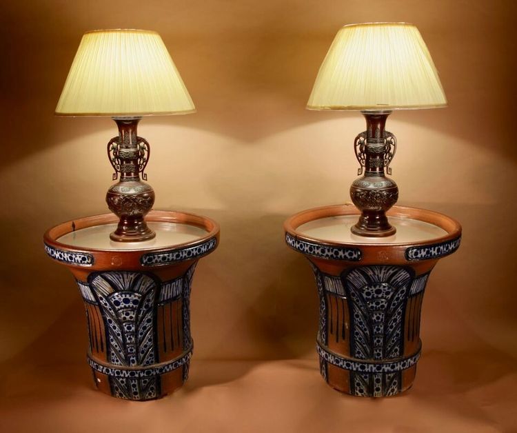  Paire de très rares et impressionnantes jardinières Art déco en grès cérame, tables d'appoint suppr
