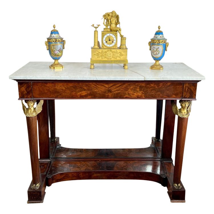 CONSOLE DI EPOCA IMPERO IMPIALLACCIATA IN MOGANO E BRONZO DORATO CON PIANO IN MARMO