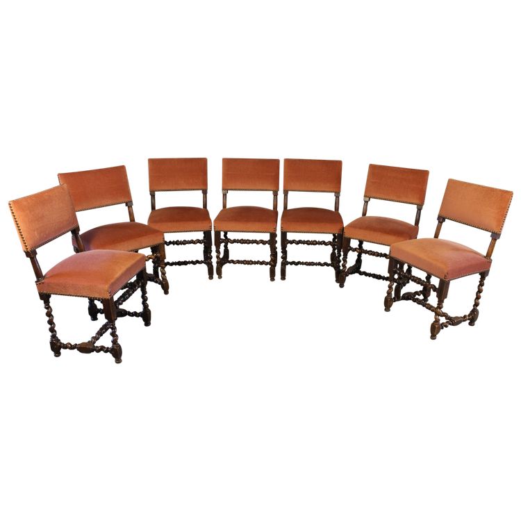 Suite of 7 walnut chairs in the Louis XIII style, 19th century