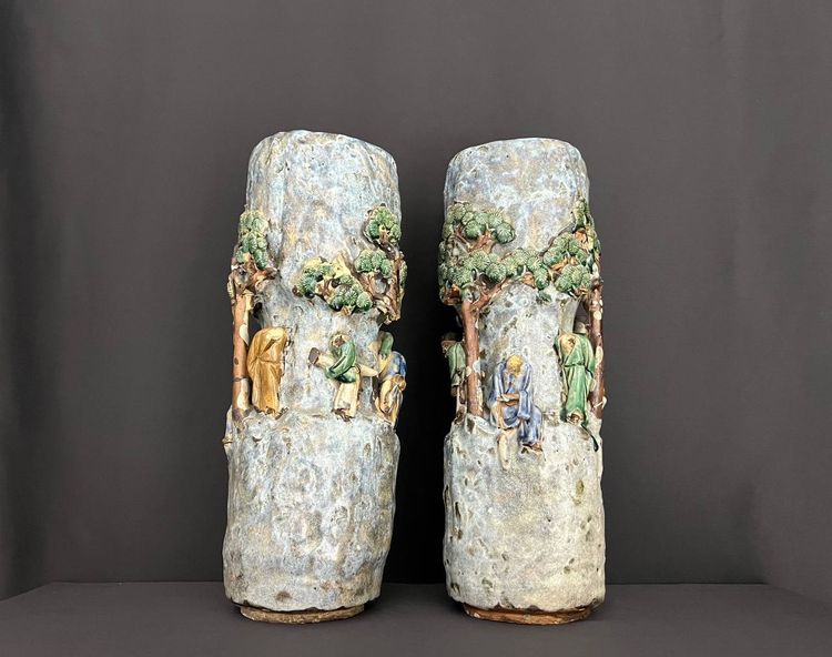 Coppia di vasi cinesi in ceramica Shiwan - Fine XIX/inizio XX secolo