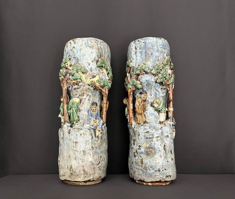 Coppia di vasi cinesi in ceramica Shiwan - Fine XIX/inizio XX secolo