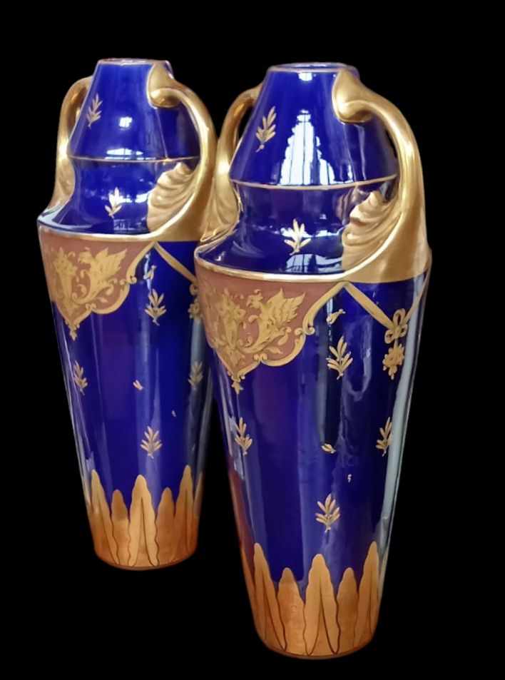 Paire grands vases anciens bleu de Tours Manufacture Jaget et Pinon 