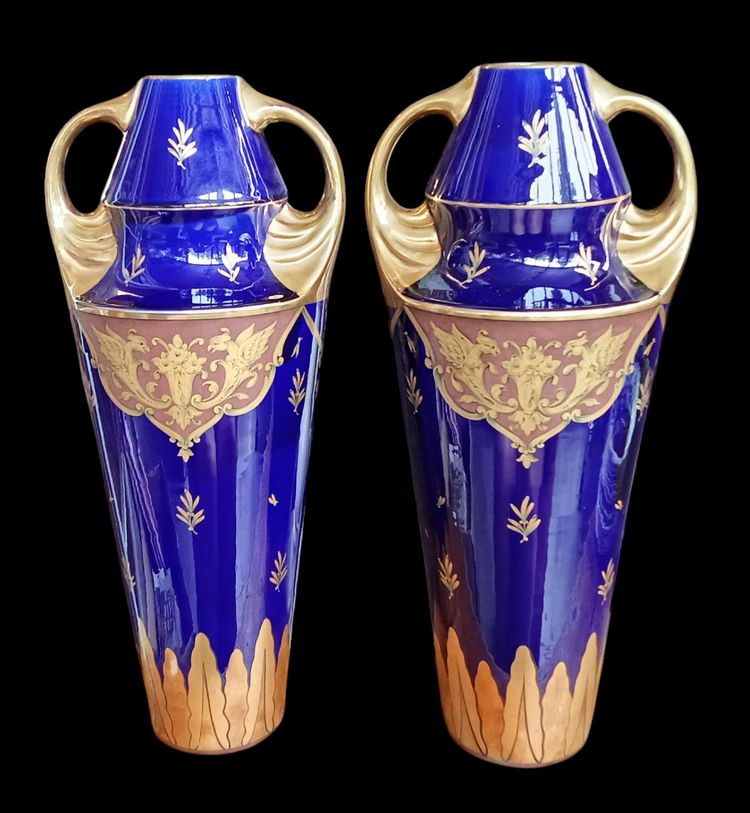 Paire grands vases anciens bleu de Tours Manufacture Jaget et Pinon 