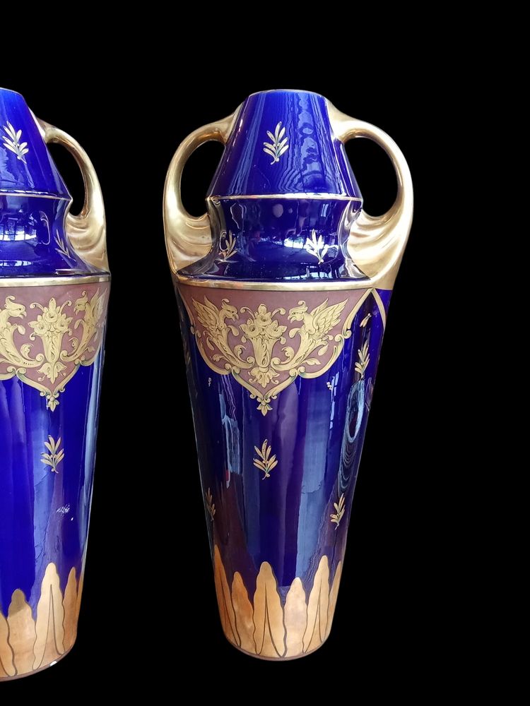 Paire grands vases anciens bleu de Tours Manufacture Jaget et Pinon 