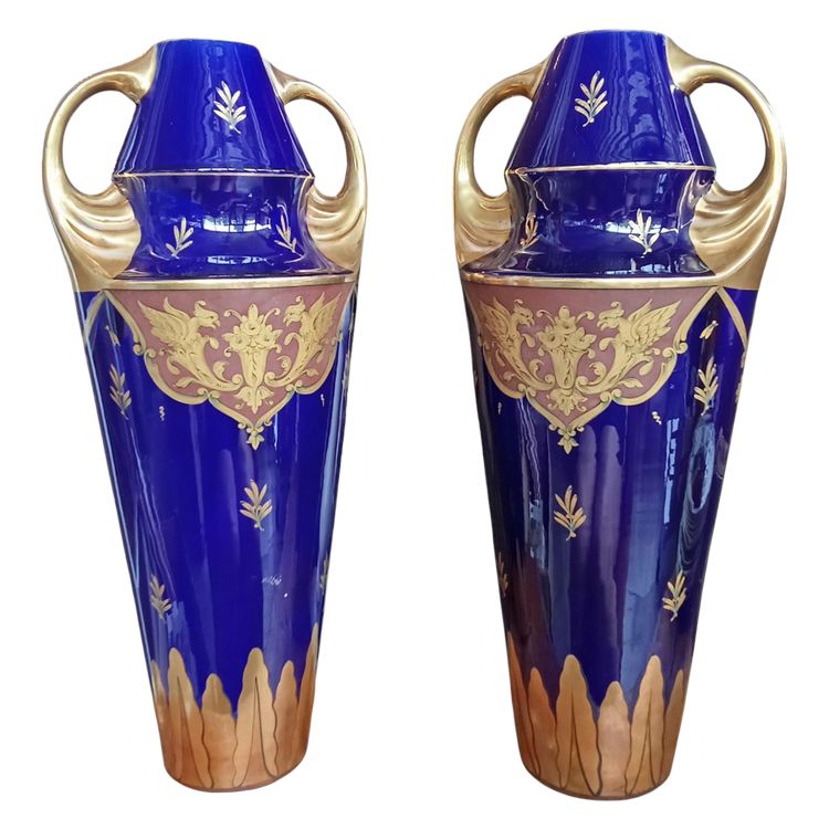 Paire grands vases anciens bleu de Tours Manufacture Jaget et Pinon 