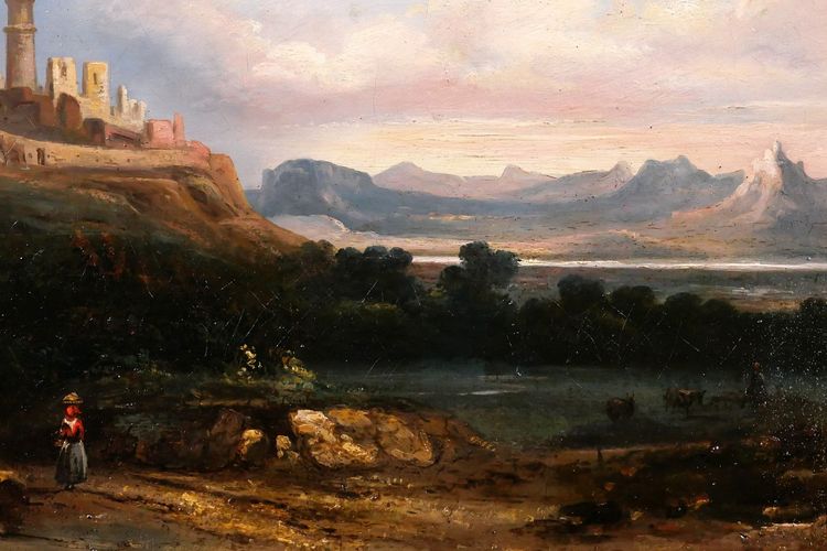 Louis-A. Lapito (att. à) 1803-1874 Italie, paysage aux ruines, tableau, 1830-40, romantisme