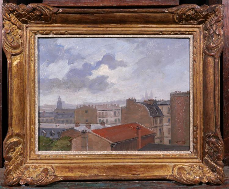 Salvator SANCHIS, Parigi, i tetti con Montmartre, dipinto di paesaggio, 1930-40 ca.
