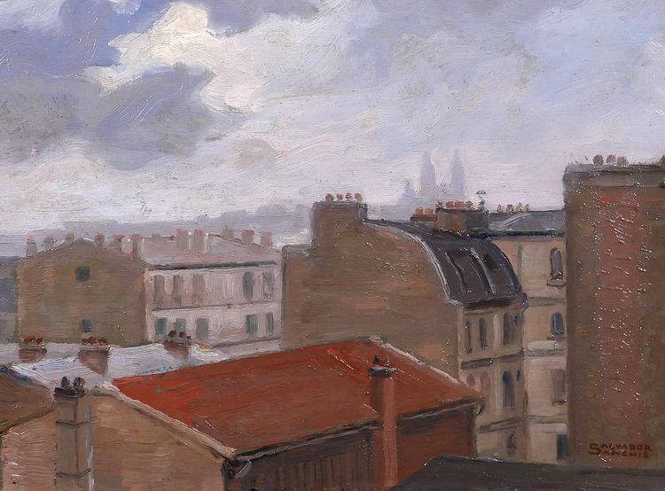 Salvator SANCHIS, Parigi, i tetti con Montmartre, dipinto di paesaggio, 1930-40 ca.