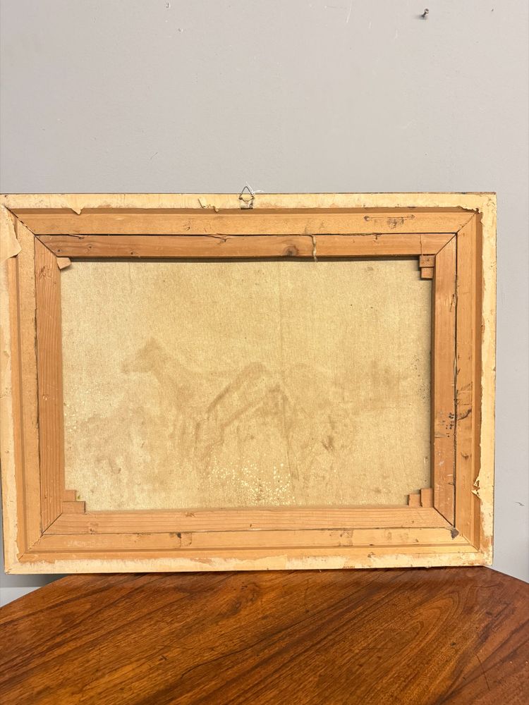 Ancienne peinture à l'huile sur toile - Chevaux au pâturage - 1900, 82x62cm, signée en bas à droite.