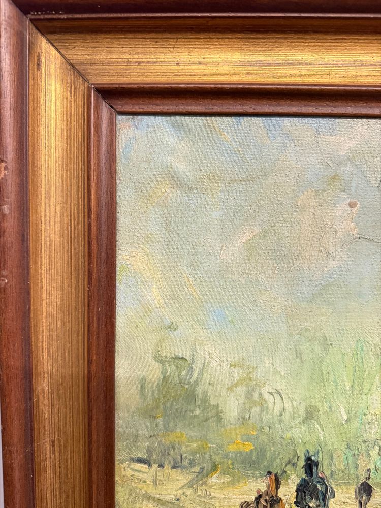 Ancienne peinture à l'huile sur toile - Chevaux au pâturage - 1900, 82x62cm, signée en bas à droite.