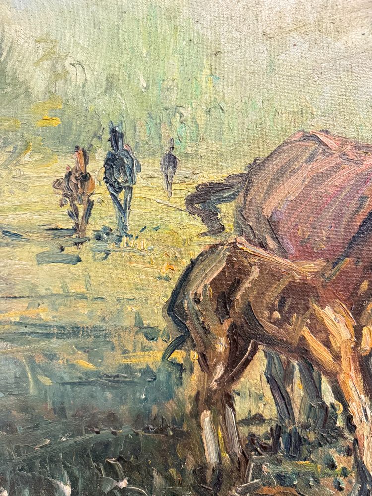 Ancienne peinture à l'huile sur toile - Chevaux au pâturage - 1900, 82x62cm, signée en bas à droite.