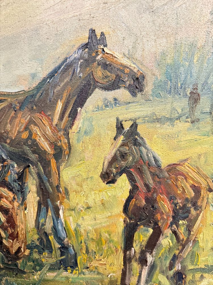 Ancienne peinture à l'huile sur toile - Chevaux au pâturage - 1900, 82x62cm, signée en bas à droite.