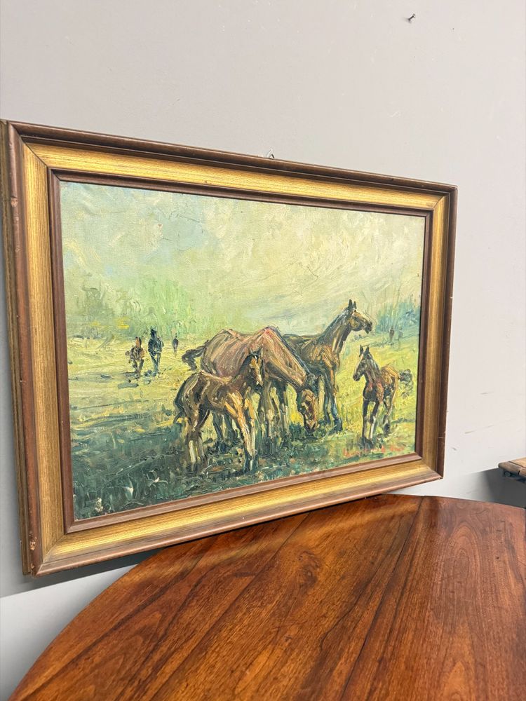 Ancienne peinture à l'huile sur toile - Chevaux au pâturage - 1900, 82x62cm, signée en bas à droite.