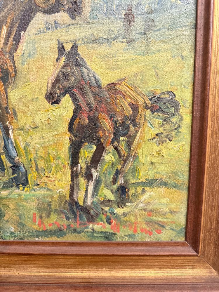 Ancienne peinture à l'huile sur toile - Chevaux au pâturage - 1900, 82x62cm, signée en bas à droite.