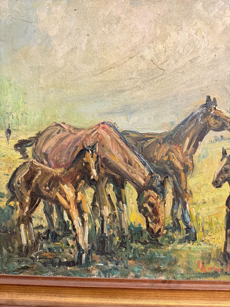 Ancienne peinture à l'huile sur toile - Chevaux au pâturage - 1900, 82x62cm, signée en bas à droite.