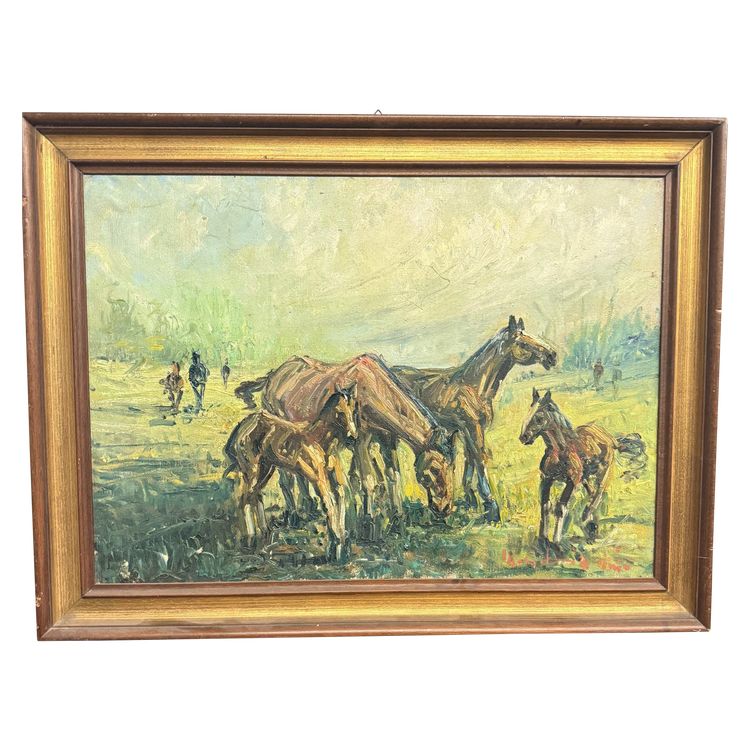 Ancienne peinture à l'huile sur toile - Chevaux au pâturage - 1900, 82x62cm, signée en bas à droite.