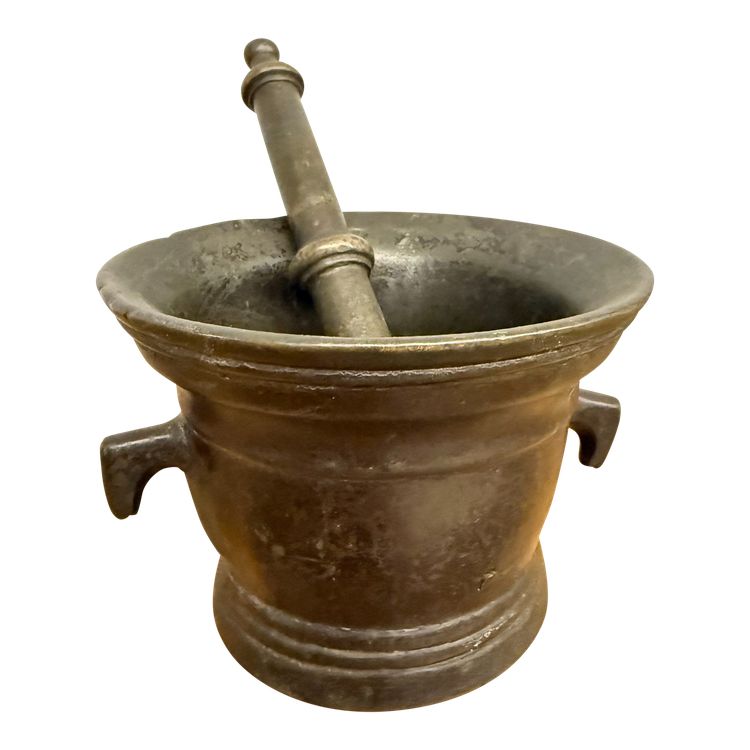 Mortier ancien en bronze d'Ombrie du 16ème siècle, avec pilon, 10x15 cm