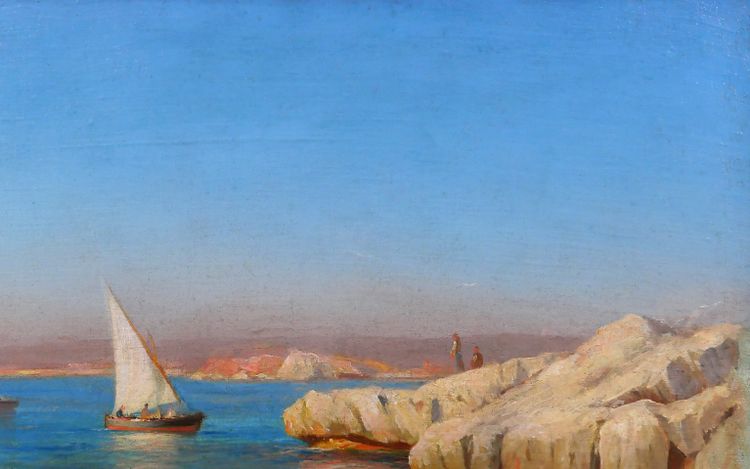 François Gautier 1842-1917 Marsiglia, barca in mare, paesaggio, dipinto del 1890 circa Impressionismo