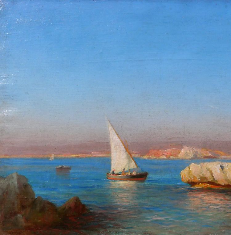 François Gautier 1842-1917 Marsiglia, barca in mare, paesaggio, dipinto del 1890 circa Impressionismo