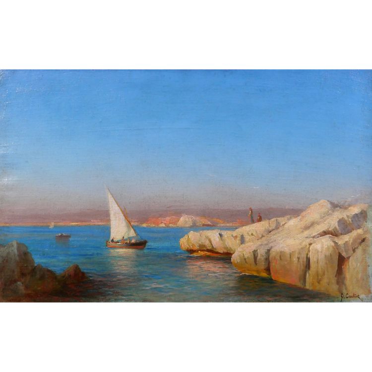 François Gautier 1842-1917 Marsiglia, barca in mare, paesaggio, dipinto del 1890 circa Impressionismo