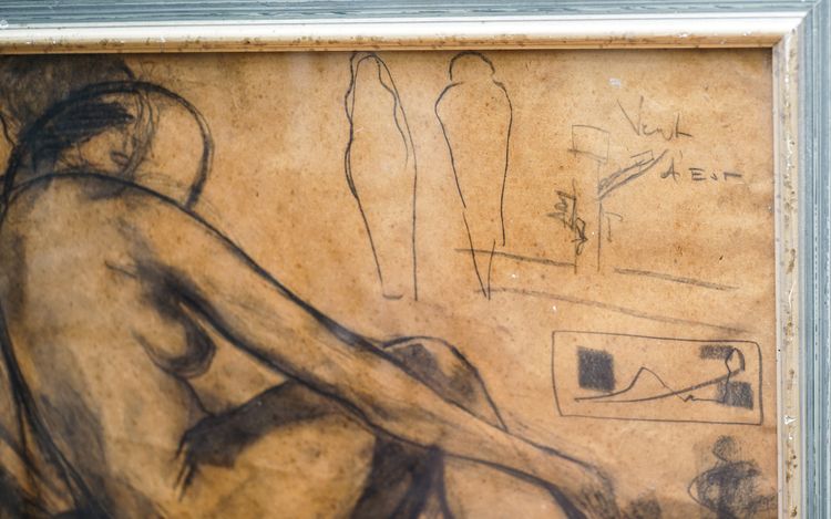 Pierre MOLINIER, STUDIO DI UN NUDO CON CAPPELLO, matita e carboncino