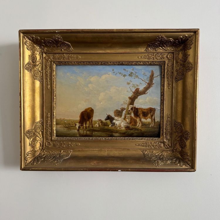 Öl auf Holz, trinkende Kühe, von Jean-Baptiste Berré, 1830