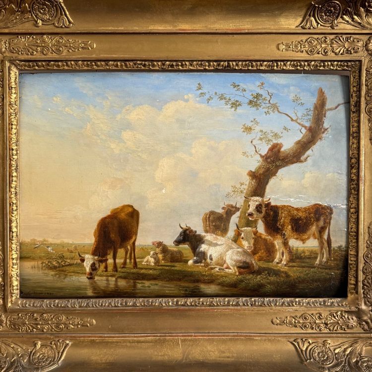 Öl auf Holz, trinkende Kühe, von Jean-Baptiste Berré, 1830