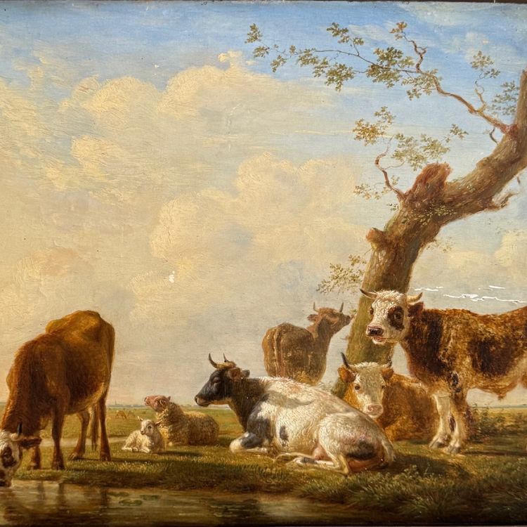 Öl auf Holz, trinkende Kühe, von Jean-Baptiste Berré, 1830