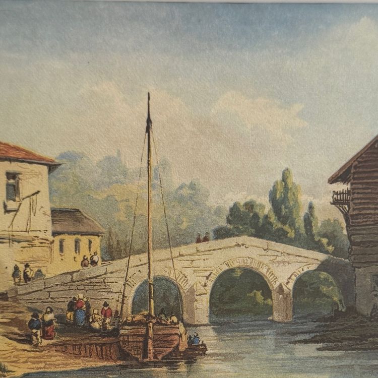 Aquarelle sur papier bateau ancré près d'un pont XIXe cadre doré