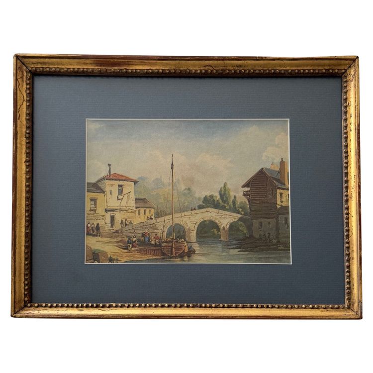 Aquarelle sur papier bateau ancré près d'un pont XIXe cadre doré