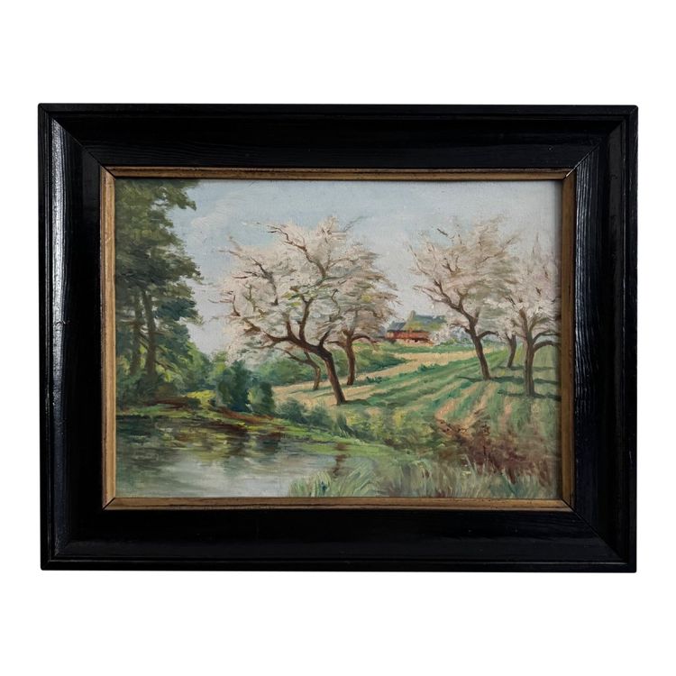 Oil on panel 20th century watercourse trees in bloom blackened wooden frame