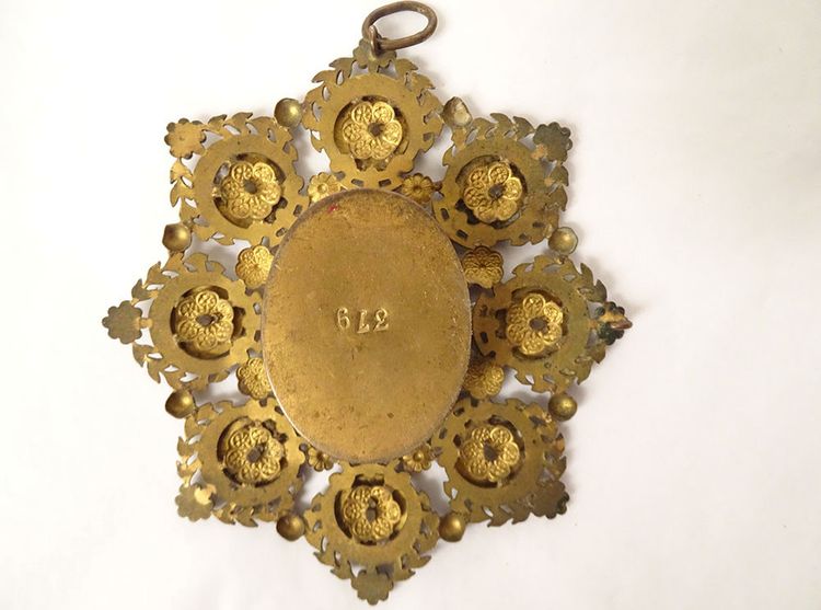 Reliquary medallion gilded brass enamel Blessed Peter Chanel late 19th century
