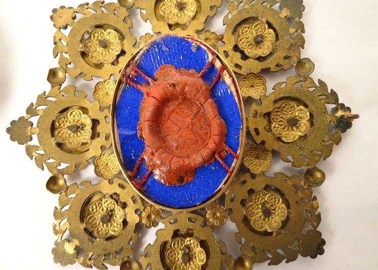 Reliquary medallion gilded brass enamel Blessed Peter Chanel late 19th century