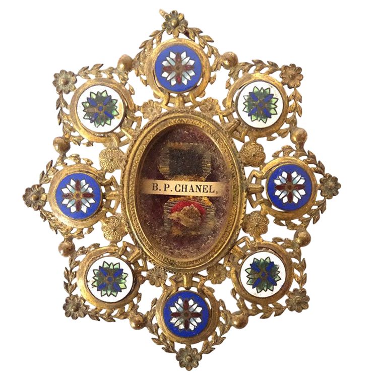 Reliquary medallion gilded brass enamel Blessed Peter Chanel late 19th century