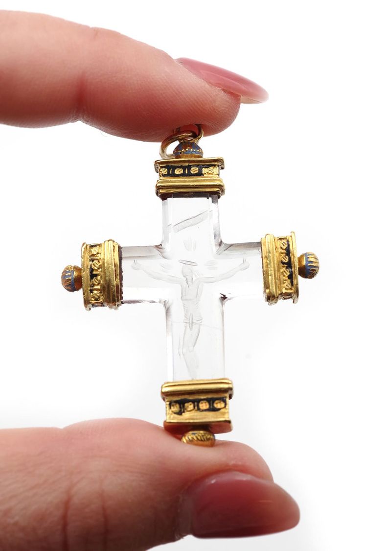 Croix 17e intaille cristal de roche en or 22k, pendentif croix ancienne, christ en intaille