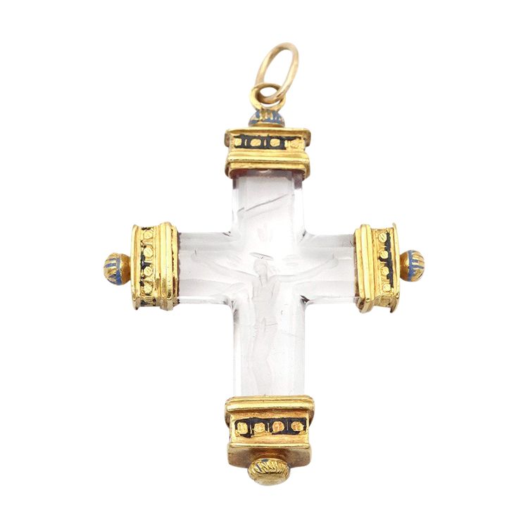 Croix 17e intaille cristal de roche en or 22k, pendentif croix ancienne, christ en intaille