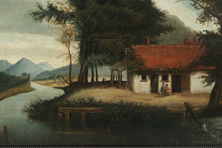 Scuola fiamminga del XVIII secolo, Olio su tavola, La casa sul fiume