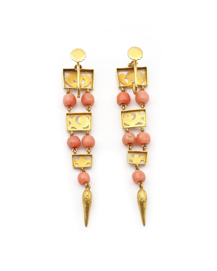 Orecchini pendenti lunghi in corallo e oro 18 ct, orecchini antichi, 1830 ca.