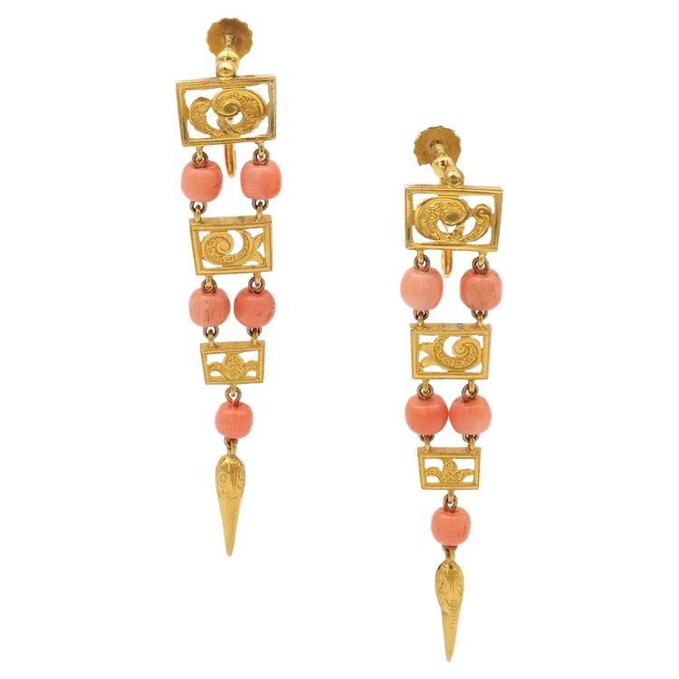 Orecchini pendenti lunghi in corallo e oro 18 ct, orecchini antichi, 1830 ca.