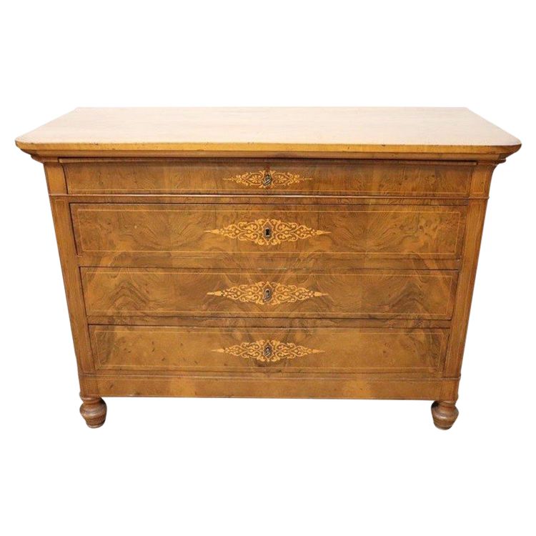 Commode ancienne en noyer incrusté, Italie, 19e siècle