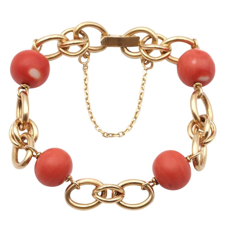 Flexible coral beads 18k gold vintage bracelet in 18k gold, double oval link, sixties or seventies