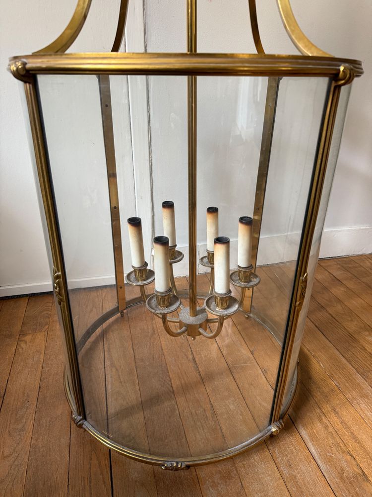 Grande lanterna in bronzo e ottone dorato in stile Luigi XVI