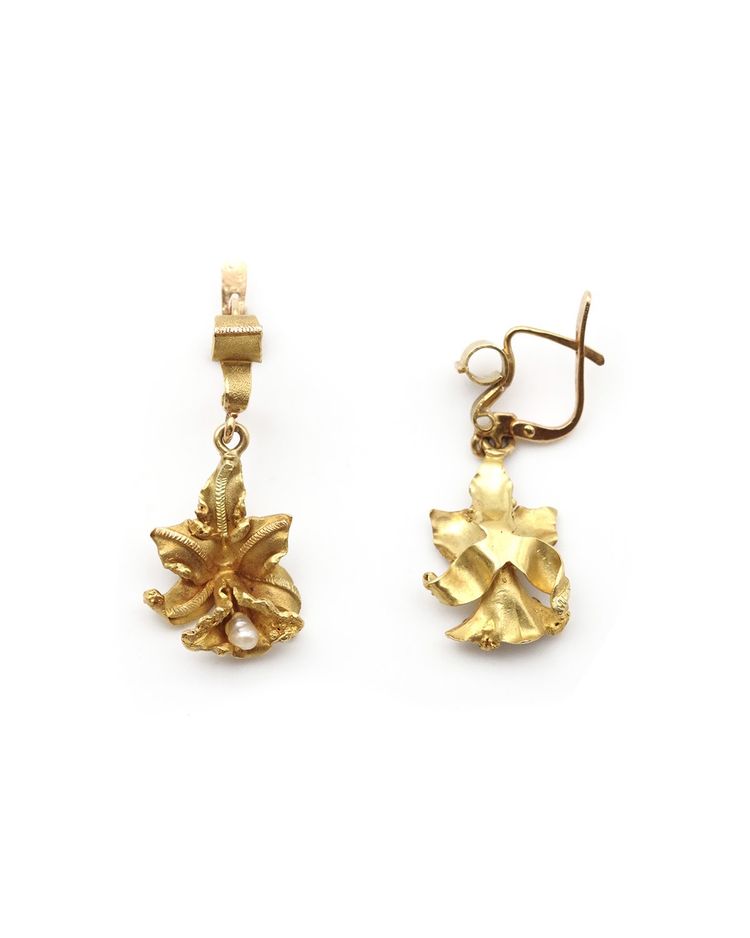Orchid earrings vintage 18k gold pearls flowers pendants, vintage earrings, dangle earrings 