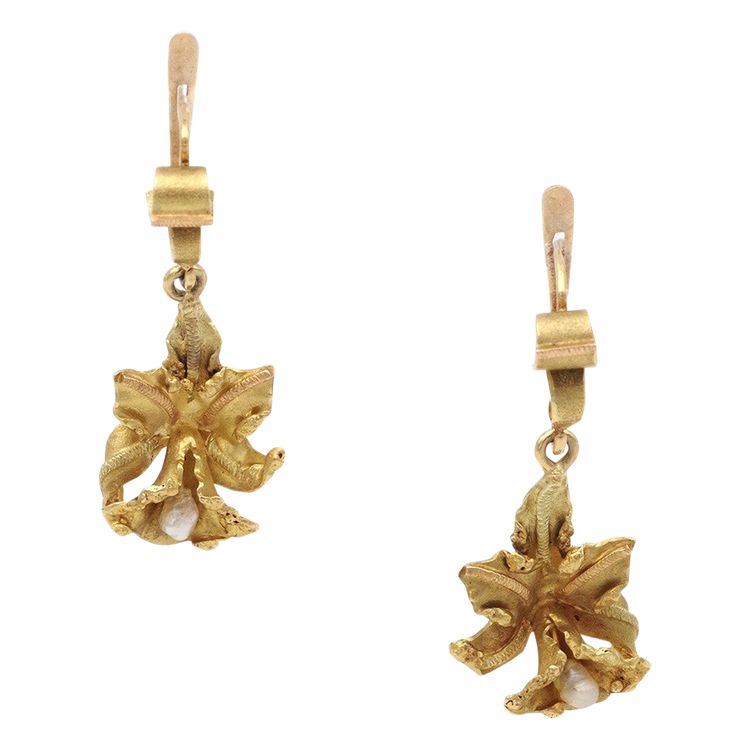 Orchid earrings vintage 18k gold pearls flowers pendants, vintage earrings, dangle earrings 