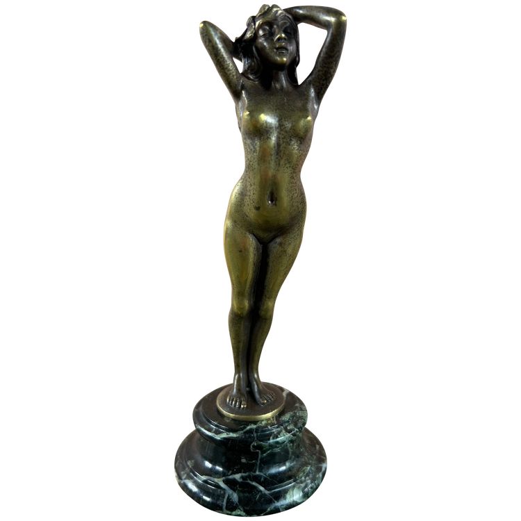 Elegante statuetta Art Déco in bronzo - Donna nuda in piedi - Base in marmo - H. 17 cm