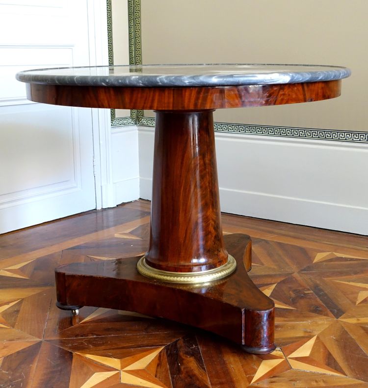 Empire period tripod pedestal table, mahogany and Turquin blue marble