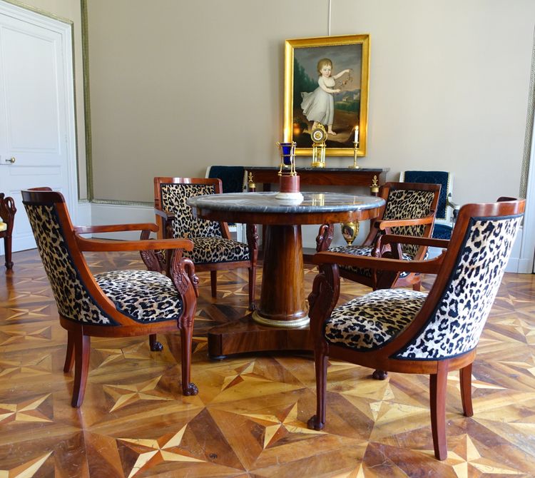 Empire period tripod pedestal table, mahogany and Turquin blue marble