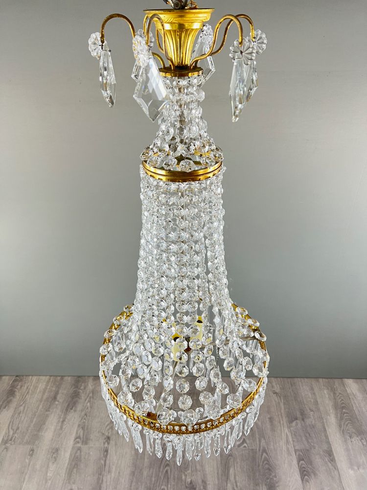 Lampadario a cesto in cristallo e bronzo dorato, stile Luigi XVI, fine XIX secolo